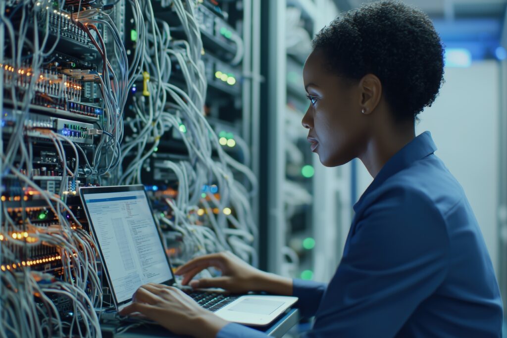 Säkerhetstekniker arbetar med dator vid serverrack